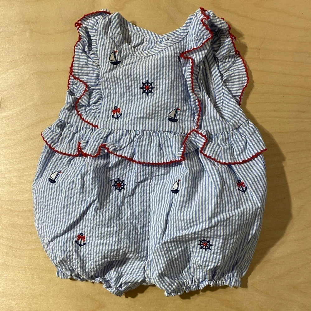 Good Lad Blue and White Striped Romper with Red Trim 6M (PE)